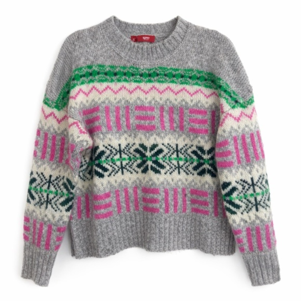 Esprit Fair Isle Nordic Sweater Small Gray Pink Green Chunky Knit Vintage Style